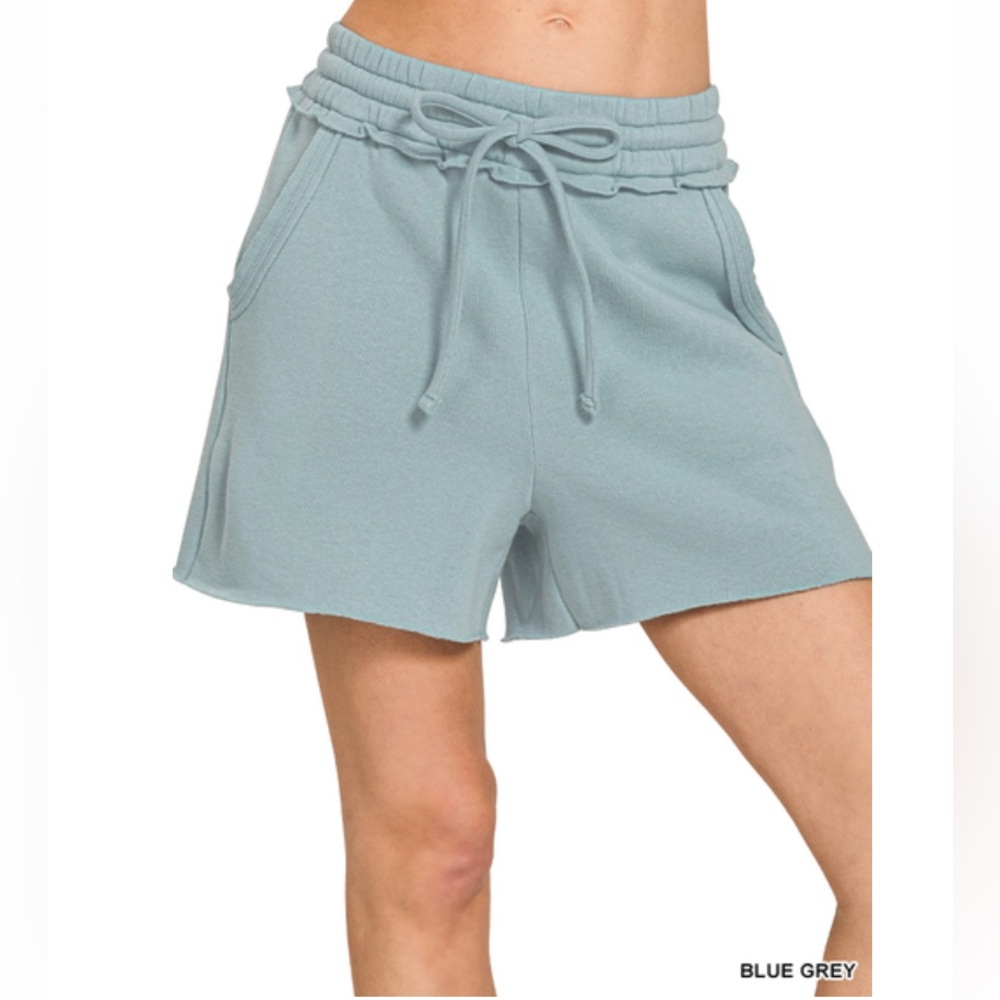 NWOT Zenana Blue Grey FLEECE RAW HEM SHORTSWITH DRAW STRING